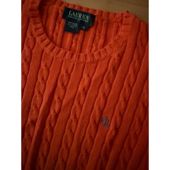 VTG Ralph Lauren Orange Cableknit Cotton Crewneck Sweater M - Picture 5 of 5